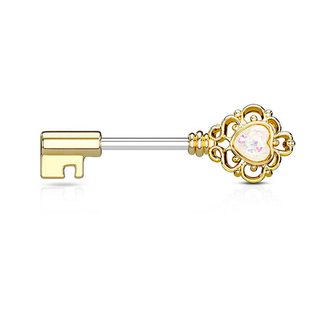 Opal Glitter Heart Centered Filigree Vintage Key 316L Surgical Steel Nipple Barbell Rings