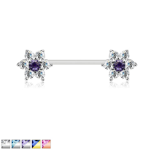 CZ Flowers on Both Ends 316L Surgical Steel Barbell Nipple Ring