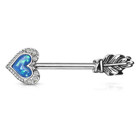 Opal Glitter Heart CZ Paved Outline Arrow with Feather End 316L Surgical Steel Nipple Barbell Ring