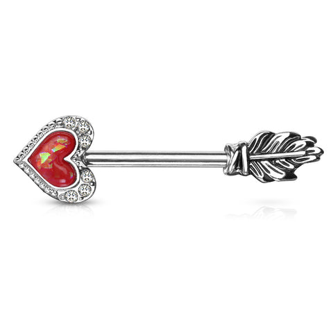 Opal Glitter Heart CZ Paved Outline Arrow with Feather End 316L Surgical Steel Nipple Barbell Ring