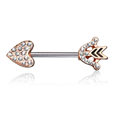CZ Paved Heart Arrow And Bow End 316L Surgical Steel Nipple Barbell Ring