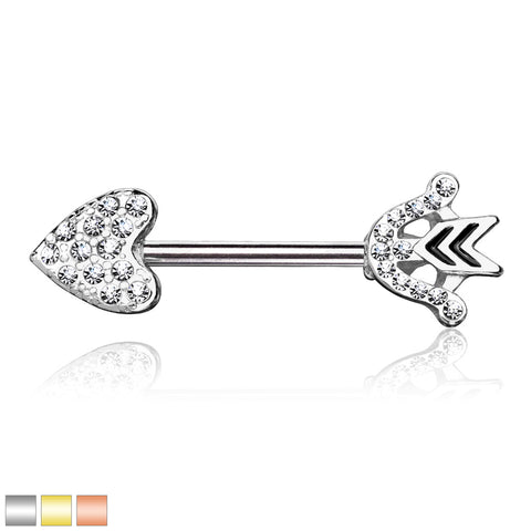 CZ Paved Heart Arrow And Bow End 316L Surgical Steel Nipple Barbell Ring