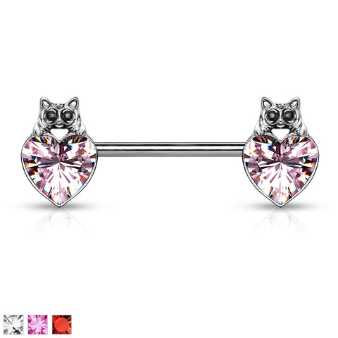 Cat with Black Crystal Eyes over Heart Crystal 316L Surgical Steel Nipple Barbell Rings