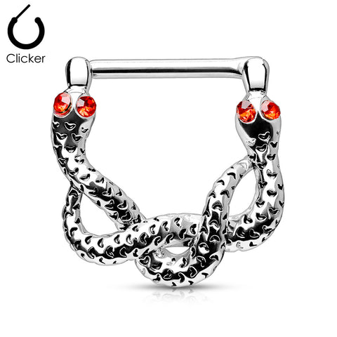 Red Gem Eyes Snakes 316L Surgical Steel Bar Nipple Clickers