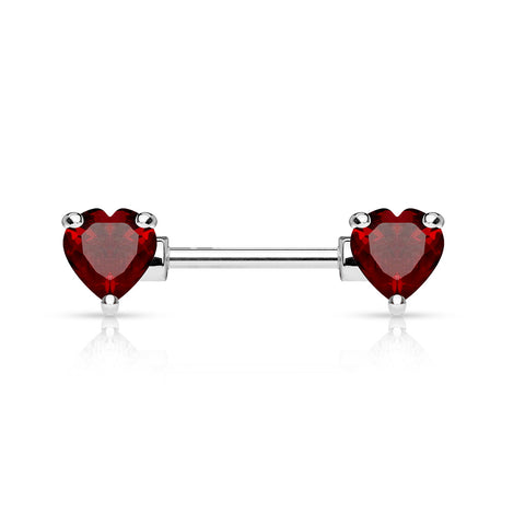Double Front Facing Heart CZ Prong set 316L Surgical Steel Nipple Bar