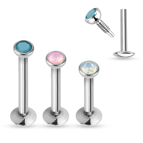 Flat Top Opalite Crystals Press Fit 316L Surgical Steel Internally Threaded Labret/Monroe