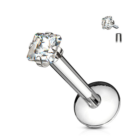 Square CZ Prong Set Labret 316L Surgical Steel Internally Threaded