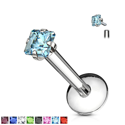 Square CZ Prong Set Labret 316L Surgical Steel Internally Threaded