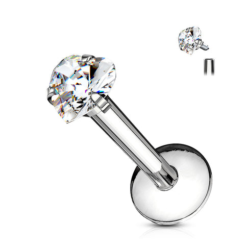 Heart CZ Prong Set Labret 316L Surgical Steel Internally Threaded