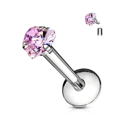 Heart CZ Prong Set Labret 316L Surgical Steel Internally Threaded