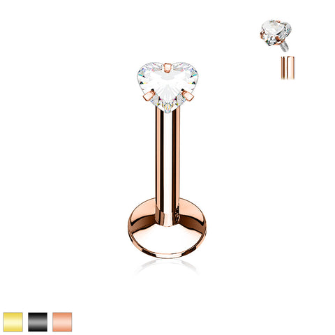 Heart CZ Prong Set PVD Over All 316L Internally Threaded Labret, Monroe, Cartilage Stud Ring