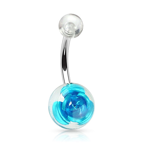 Metal Rose Embedded in Clear Acrylic Ball 316L Surgical Steel Navel Ring