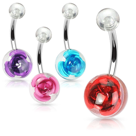 Metal Rose Embedded in Clear Acrylic Ball 316L Surgical Steel Navel Ring
