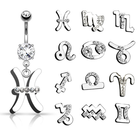 Zodiac Symbol with Clear Gems Dangle Navel Ring