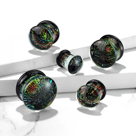 Multi Color Sparkle Galaxy Double Flared Glass Plugs
