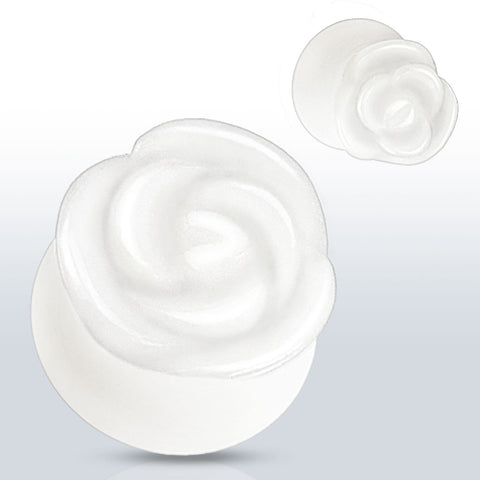 White Jade Semi Precious Stone Rose Carved on Single Side Double Flared Plug