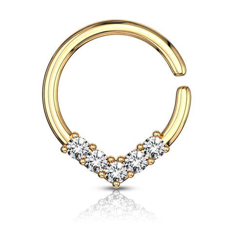 5 CZ Set V Shaped on Round Bendable Cut Ring for Cartilage, Tragus, Septum, and More