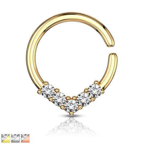 5 CZ Set V Shaped on Round Bendable Cut Ring for Cartilage, Tragus, Septum, and More