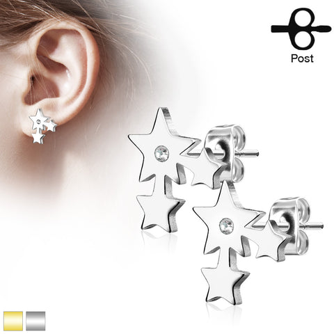 Three Cluster Stars with Crystal 316L Stainless Steel Earring Studs Pair