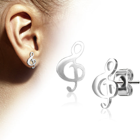 Pair of Hand Polished Music Clef 316L Stainless Steel Earring Studs