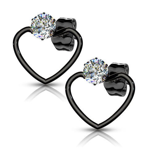 Pair of Round Clear CZ with Heart Hoop 316L Stainless Steel Stud Earrings