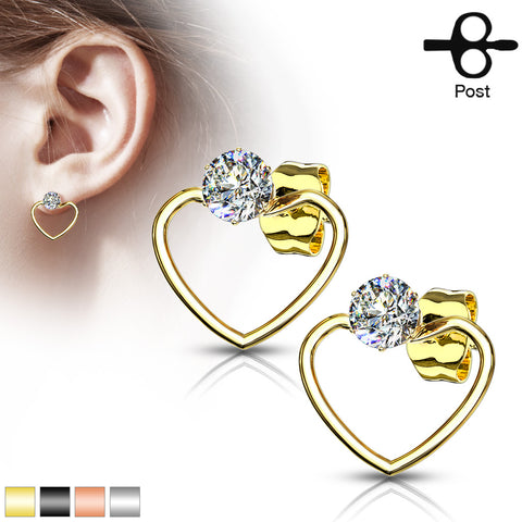 Pair of Round Clear CZ with Heart Hoop 316L Stainless Steel Stud Earrings