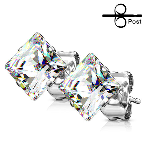 Pair of 316L Surgical Stainless Steel Stud Earring with Princess Cut Square CZ